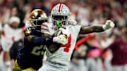 Ohio State Buckeyes wide receiver Jeremiah Smith (4) makes a catch against Notre Dame during the national championship game on January 20, 2025.