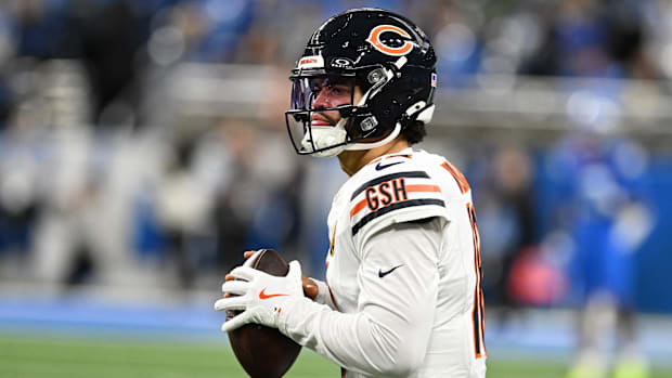 Nov 28, 2024; Detroit, Michigan, USA; Chicago Bears quarterback Caleb Williams (18) throws passes during pregame warmups befo