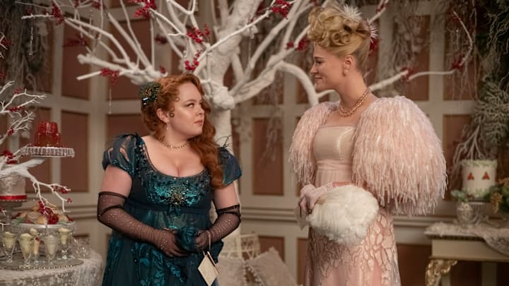 Bridgerton. (L to R) Nicola Coughlan as Penelope Featherington, Jessica Madsen as Cressida Cowper in episode 301 of Bridgerton. Cr. Laurence Cendrowicz/Netflix © 2024