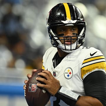 Aug 24, 2024; Detroit, Michigan, USA;  Pittsburgh Steelers quarterback Russell Wilson (3) warms up before their game against the Detroit Lions at Ford Field. Mandatory Credit: Lon Horwedel-Imagn Images