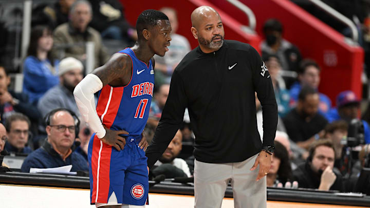 Feb 9, 2025; Detroit, Michigan, USA; Detroit Pistons newly acquired guard, Dennis Schroder (17), talks with Detroit Pistons head coach J.B. Bickerstaff in the second quarter of their game against the Charlotte Hornets at Little Caesars Arena. Mandatory Credit: Lon Horwedel-Imagn Images