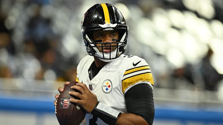 Aug 24, 2024; Detroit, Michigan, USA;  Pittsburgh Steelers quarterback Russell Wilson (3) warms up before their game against the Detroit Lions at Ford Field. Mandatory Credit: Lon Horwedel-Imagn Images