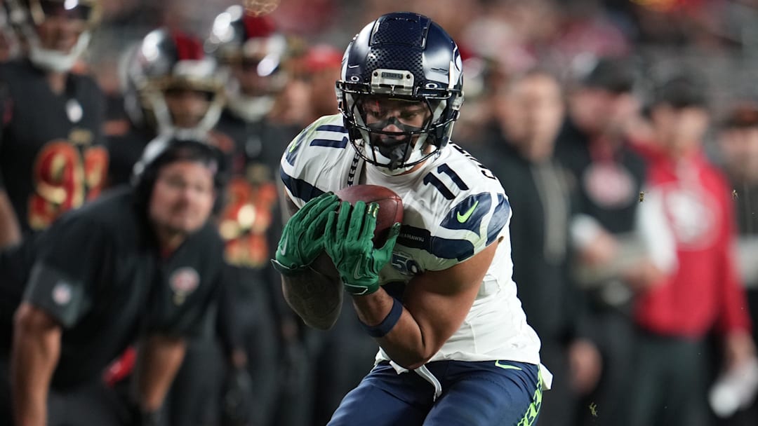 Jan 3, 2026; Santa Clara, California, USA; Seattle Seahawks wide receiver Jaxon Smith-Njigba (11) makes a catch against the San Francisco 49ers during the second half at Levi's Stadium. Mandatory Credit: Neville E. Guard-Imagn Images