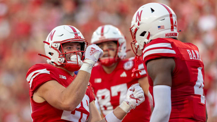  Nebraska wide receiver Carter Nelson celebrates after catching a 24-yard touchdown reception against Northern Iowa.