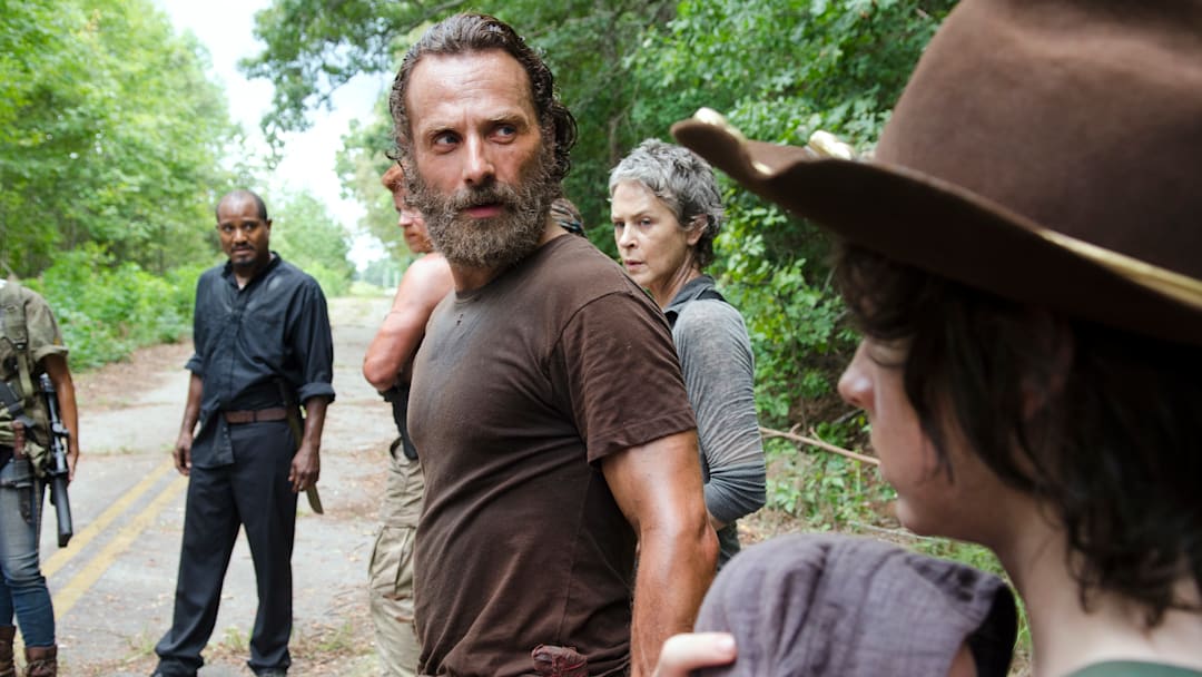 Seth Gilliam as Father Gabriel, Andrew Lincoln as Rick Grimes, Melissa McBride as Carol Peletier, and Chandler Riggs as Carl Grimes - The Walking Dead season 5