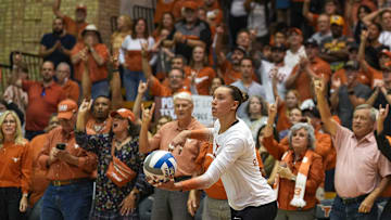 Texas Longhorns outside hitter Madisen Skinner (6) prepares to serve the ball during the volleyball match against Baylor at the University of Texas at Austin on Thursday, Oct. 26, 2023.