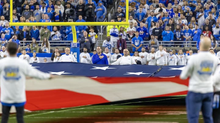 Nov 24, 2022; Detroit, Michigan, USA; Fans stand for the National Anthem before the start of the game between the Detroit Lions and the Buffalo Bills at Ford Field. Mandatory Credit: David Reginek-Imagn Images