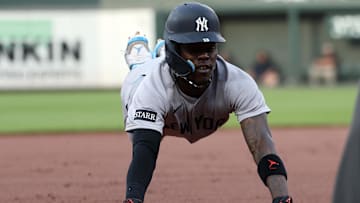 Apr 29, 2025; Baltimore, Maryland, USA; New York Yankees second baseman Jazz Chisholm Jr. (13) advances to third base during the first inning against the Baltimore Orioles at Oriole Park at Camden Yards. Mandatory Credit: Daniel Kucin Jr.-Imagn Images