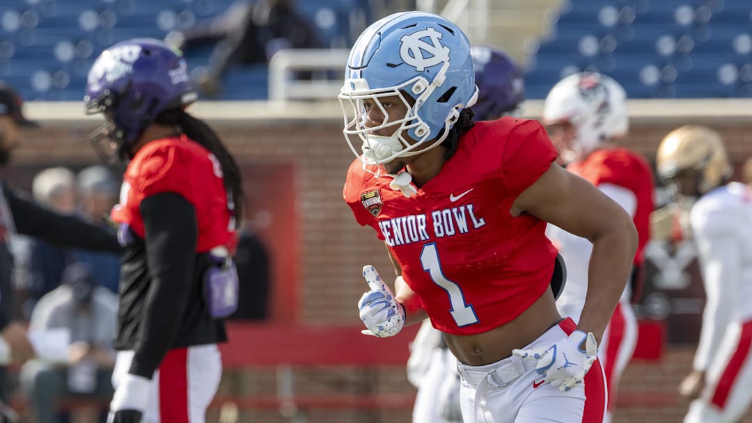 Jan 29, 2026; Mobile, AL, USA; National defensive back Thaddeus Dixon (1) of North Carolina practices during National Senior Bowl practice at Hancock Whitney Stadium. Mandatory Credit: Vasha Hunt-Imagn Images