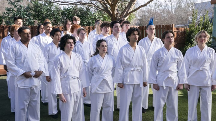 Cobra Kai. (L to R) Khalil Everage as Chris, Nathaniel Oh as Nate, Griffin Santopeitro as Anthony Larusso, Owen Morgan as Bert, Mary Mouser as Samantha LaRusso, Aedin Mincks as Mitch, Gianni DeCenzo as Demetri, Xolo Maridueña as Miguel Diaz, Jacob Bertrand as Eli 'Hawk' Moskowitz, Tanner Buchanan as Robby Keene, Peyton List as Tory Nichols in Cobra Kai. Cr. Curtis Bonds Baker/Netflix © 2024