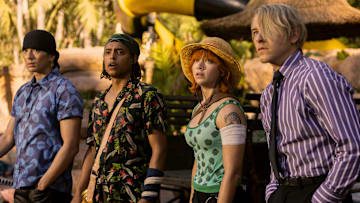 (L to R) Mackenyu Arata as Roronoa Zoro, Jacob Romero Gibson as Usopp, Emily Rudd as Nami, Taz Skylar as Sanji in season 1 of One Piece