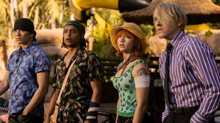 (L to R) Mackenyu Arata as Roronoa Zoro, Jacob Romero Gibson as Usopp, Emily Rudd as Nami, Taz Skylar as Sanji in season 1 of One Piece