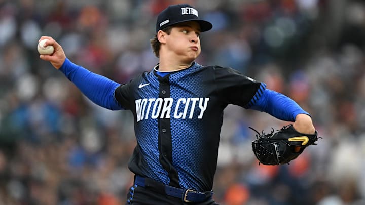 May 23, 2025; Detroit, Michigan, USA; Detroit Tigers starting pitcher Jackson Jobe (21) throws a pitch against the Cleveland Guardians in the second inning at Comerica Park. Mandatory Credit: Lon Horwedel-Imagn Images