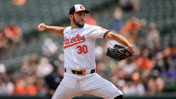 Jul 31, 2024; Baltimore, Maryland, USA; Baltimore Orioles pitcher Grayson Rodriguez (30) throws against the Toronto Blue Jays during the first inning at Oriole Park at Camden Yards. Mandatory Credit: Reggie Hildred-Imagn Images