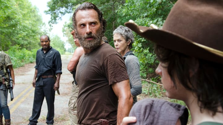 Seth Gilliam as Father Gabriel, Andrew Lincoln as Rick Grimes, Melissa McBride as Carol Peletier and Chandler Riggs as Carl Grimes - The Walking Dead season 5