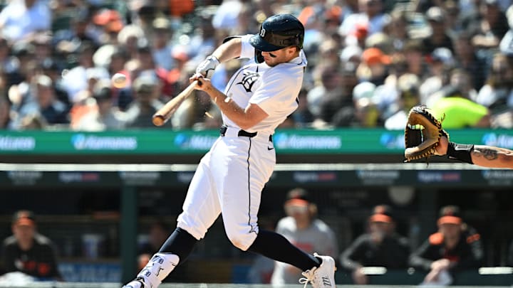 Apr 27, 2025; Detroit, Michigan, USA;  Detroit Tigers third baseman Jace Jung (17) breaks his bat on an RBI single against the Baltimore Orioles in the sixth inning at Comerica Park. Mandatory Credit: Lon Horwedel-Imagn Images