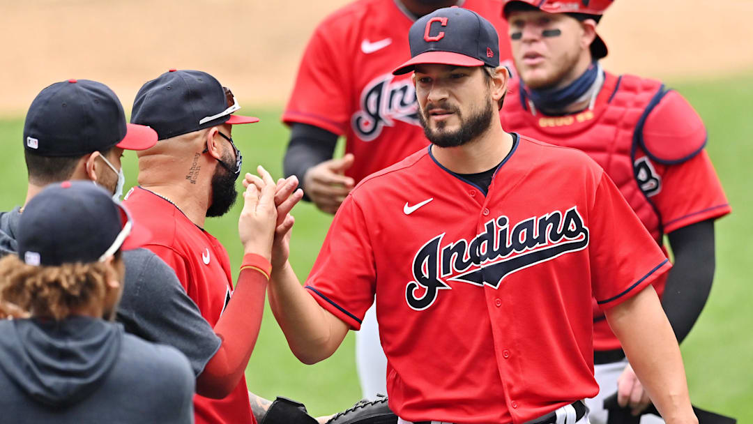 Sep 6, 2020: Cleveland Indians relief pitcher Brad Hand (33) celebrates after the Indians beat the Milwaukee Brewers at Progressive Field. 