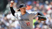 Jun 28, 2025; Detroit, Michigan, USA;  Minnesota Twins starting pitcher Bailey Ober (17) throws a pitch against the Detroit Tigers in the first inning at Comerica Park. 