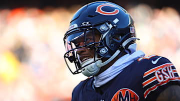 Nov 23, 2025; Chicago, Illinois, USA; Chicago Bears wide receiver DJ Moore (2) reacts during the second half at Soldier Field.