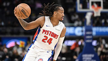 Oct 16, 2024; Detroit, Michigan, USA; Detroit Pistons guard Daniss Jenkins (24) : Lon Horwedel-Imagn Images