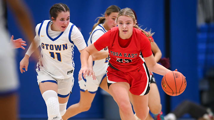 Wauwatosa East forward Audrey Sellinger (33) handles the ball versus Germantown in a Greater Metro Conference game Friday, December 5, 2025.