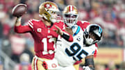 Nov 24, 2025; Santa Clara, California, USA; San Francisco 49ers quarterback Brock Purdy (13) drops back to pass against the Carolina Panthers during the first half at Levi's Stadium. Mandatory Credit: Kyle Terada-Imagn Images