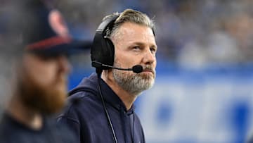 Nov 28, 2024; Detroit, Michigan, USA; Chicago Bears head coach Matt Eberflus looks at the scoreboard during their game against the Detroit Lions in the first quarter at Ford Field.