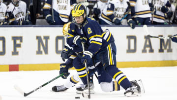 Michigan forward Rutger McGroarty (2) skates with the puck during the Michigan-Notre Dame NCAA hockey game on Saturday, November 12, 2022, at Compton Family Ice Arena in South Bend, Indiana.

Michigan Vs Notre Dame