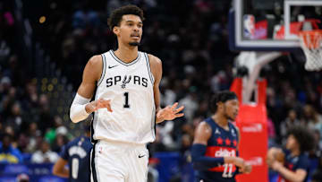 San Antonio Spurs center Victor Wembanyama reacts after making a three point field goal against the Washington Wizards.