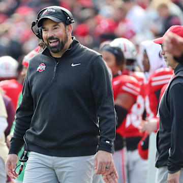 Nov 1, 2025; Columbus, Ohio, USA; Ohio State Buckeyes head coach Ryan Day reacts during the third quarter against the Penn State Nittany Lions at Ohio Stadium. Mandatory Credit: Joseph Maiorana-Imagn Images