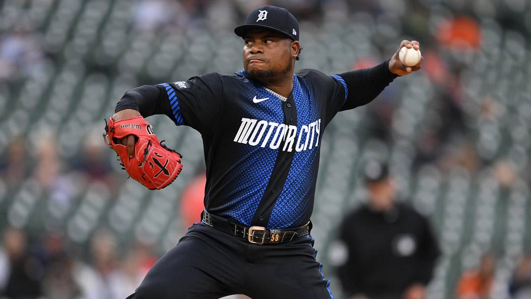 May 18, 2026; Detroit, Michigan, USA; Detroit Tigers starting pitcher Framber Valdez (59) throws a pitch against the Cleveland Guardians in the first inning at Comerica Park. Mandatory Credit: Lon Horwedel-Imagn Images