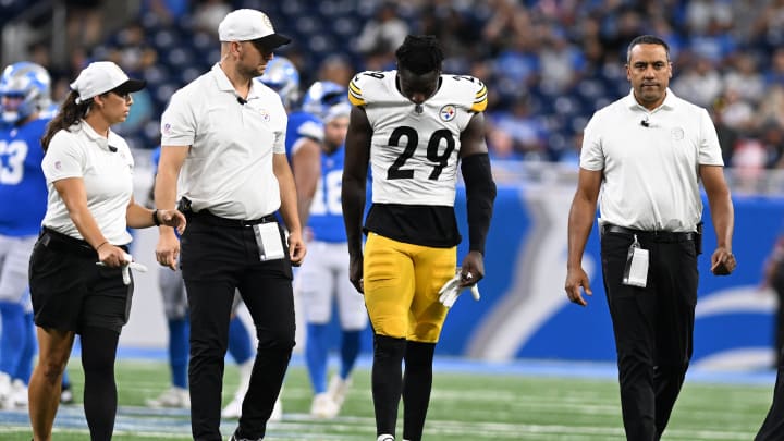 Aug 24, 2024; Detroit, Michigan, USA;  Pittsburgh Steelers cornerback Ryan Watts (29) walks off the field after being injured against the Detroit Lions late in the fourth quarter at Ford Field. Mandatory Credit: Lon Horwedel-USA TODAY Sports