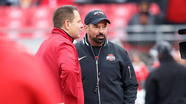 Nov 23, 2024; Columbus, Ohio, USA;  Ohio State Buckeyes head coach Ryan Day(right) and Indiana Hoosiers head coach Curt Cignetti meet at midfield before the game at Ohio Stadium. Mandatory Credit: Joseph Maiorana-Imagn Images