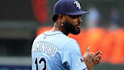 Jun 27, 2025; Baltimore, Maryland, USA; Tampa Bay Rays third baseman Junior Caminero (13) looks on before a game against the Baltimore Orioles at Oriole Park at Camden Yards. Mandatory Credit: Daniel Kucin Jr.-Imagn Images