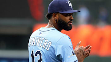 Jun 27, 2025; Baltimore, Maryland, USA; Tampa Bay Rays third baseman Junior Caminero (13) looks on before a game against the Baltimore Orioles at Oriole Park at Camden Yards. Mandatory Credit: Daniel Kucin Jr.-Imagn Images