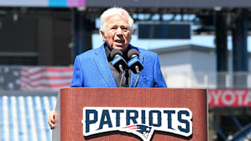 Apr 26, 2024; Foxborough, MA, USA; New England Patriots owner Robert Kraft introduces the team's number one draft pick on the game field at Gillette Stadium. Mandatory Credit: Eric Canha-USA TODAY Sports