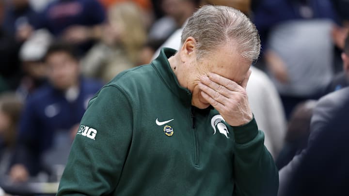 Mar 27, 2026; Washington, DC, USA; Michigan State Spartans head coach Tom Izzo reacts after losing to UConn Huskies in a Sweet Sixteen game of the East Regional of the men's 2026 NCAA Tournament at Capital One Arena. Mandatory Credit: Amber Searls-Imagn Images