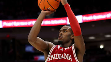 Jan 17, 2025; Columbus, Ohio, USA; Indiana Hoosiers forward Mackenzie Mgbako (21) shoots the ball during the first half against the Ohio State Buckeyes at Value City Arena. Mandatory Credit: Joseph Maiorana-Imagn Images