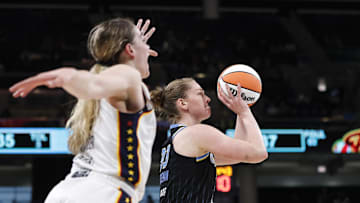 May 24, 2022; Chicago, Illinois, USA; Chicago Sky forward Emma Meesseman (33) shoots against the Indiana Fever during the first half at Wintrust Arena. Mandatory Credit: Kamil Krzaczynski-Imagn Images