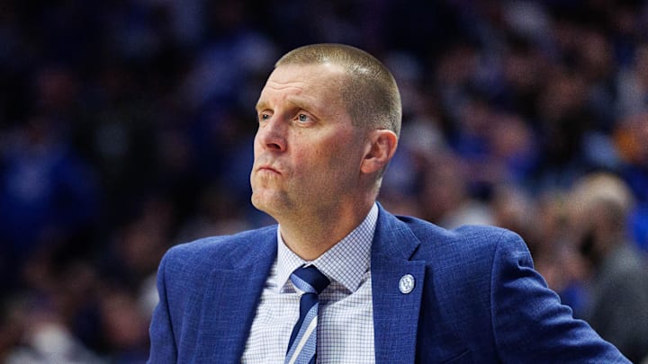 Feb 7, 2026; Lexington, Kentucky, USA; Kentucky Wildcats head coach Mark Pope looks on during the first half against the Tennessee Volunteers at Rupp Arena at Central Bank Center. Mandatory Credit: Jordan Prather-Imagn Images