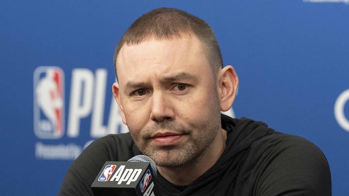 Apr 30, 2026; Minneapolis, Minnesota, USA; Denver Nuggets head coach David Adelman talks during a press conference before game six of the first round of the 2026 NBA Playoffs against the Minnesota Timberwolves at Target Center. Mandatory Credit: Jesse Johnson-Imagn Images
