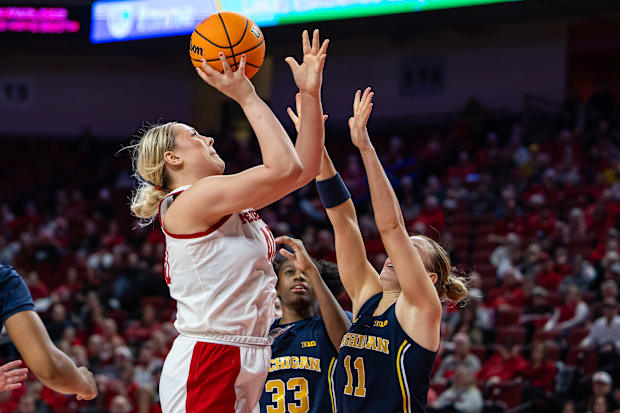 Nebraska center Alexis Markowski shoots against Michigan at Pinnacle Bank Arena on Feb. 6, 2025.