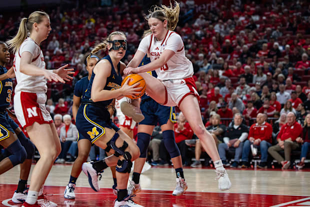 Nebraska guard Kendall Moriarty fights for the ball against Michigan at Pinnacle Bank Arena on Feb. 6, 2025.