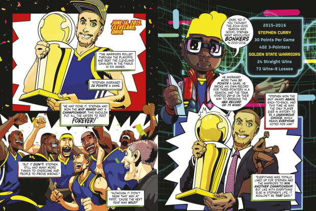 An illustration from "Sports Superheroes Volume 1: Stephen Curry," written by Rich Korsen and Josh Bycel. 