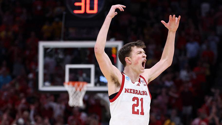 Nebraska forward Pryce Sandfort reacts in celebration.