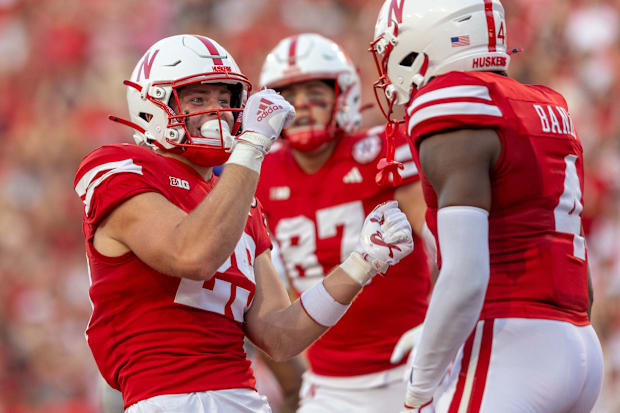  Nebraska wide receiver Carter Nelson celebrates after catching a 24-yard touchdown reception against Northern Iowa.