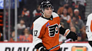 Sep 26, 2024; Philadelphia, Pennsylvania, USA; Philadelphia Flyers center Jett Luchanko (17) during the second period against the New York Islanders at Wells Fargo Center. Mandatory Credit: Eric Hartline-Imagn Images
