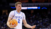Mar 27, 2025; Newark, NJ, USA; Duke Blue Devils forward Cooper Flagg (2) reacts after a play during the first half against the Arizona Wildcats during an East Regional semifinal of the 2025 NCAA tournament at Prudential Center. Mandatory Credit: Vincent Carchietta-Imagn Images