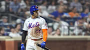 Aug 5, 2025; New York City, New York, USA; New York Mets right fielder Juan Soto (22) reacts to striking out against the Cleveland Guardians during the eighth inning at Citi Field. Mandatory Credit: Gregory Fisher-Imagn Images