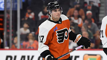 Sep 26, 2024; Philadelphia, Pennsylvania, USA; Philadelphia Flyers center Jett Luchanko (17) during the second period against the New York Islanders at Wells Fargo Center.